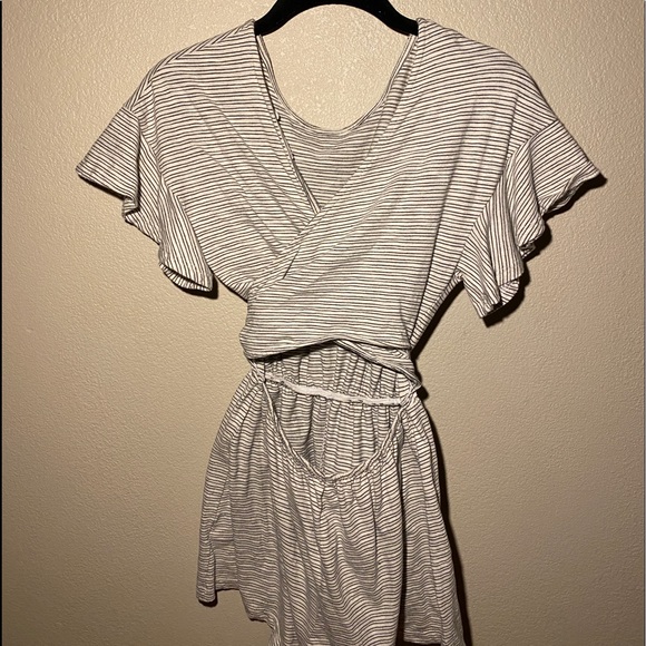 White and Gray Stripped Romper with Wrap and Tie - Picture 3 of 3